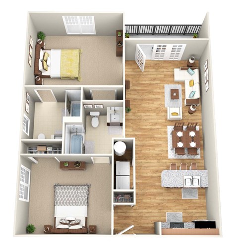 Floor plan for 2 beds, 2 baths, 1043 sqft